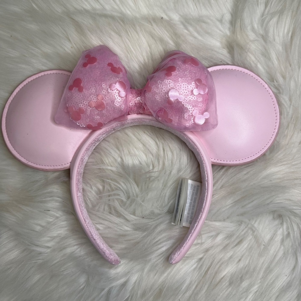 NWOT - Disney Parks - Pink Faux Leather Mickey Minnie Ear Headband Sequin Bow